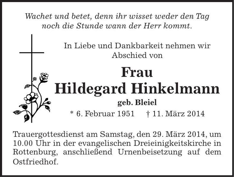 Traueranzeige Hildegard Hinkelmann
