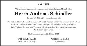 Traueranzeige Andreas Schindler
