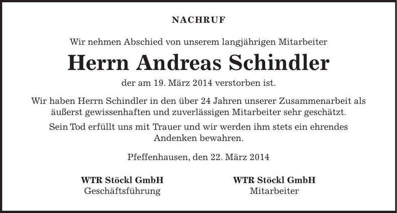 Traueranzeige Andreas Schindler