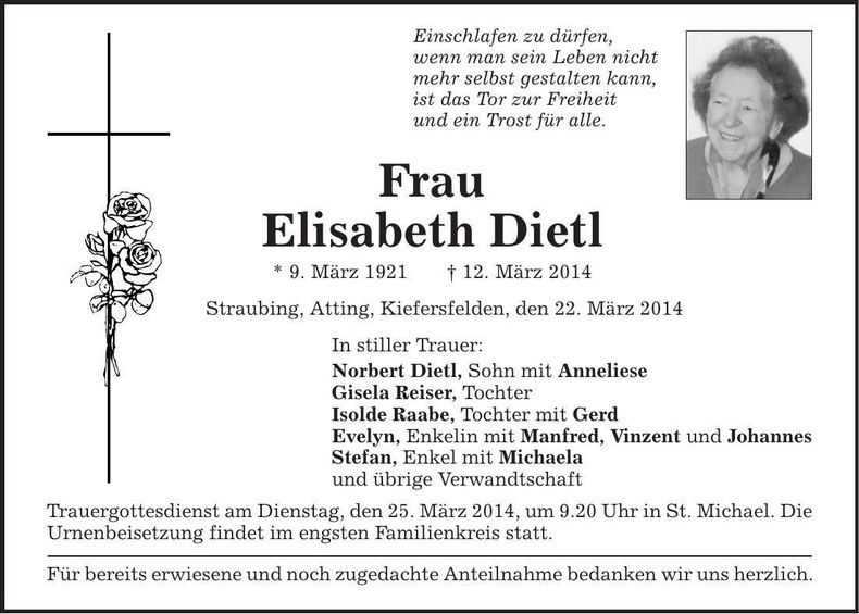 Traueranzeige Elisabeth Dietl