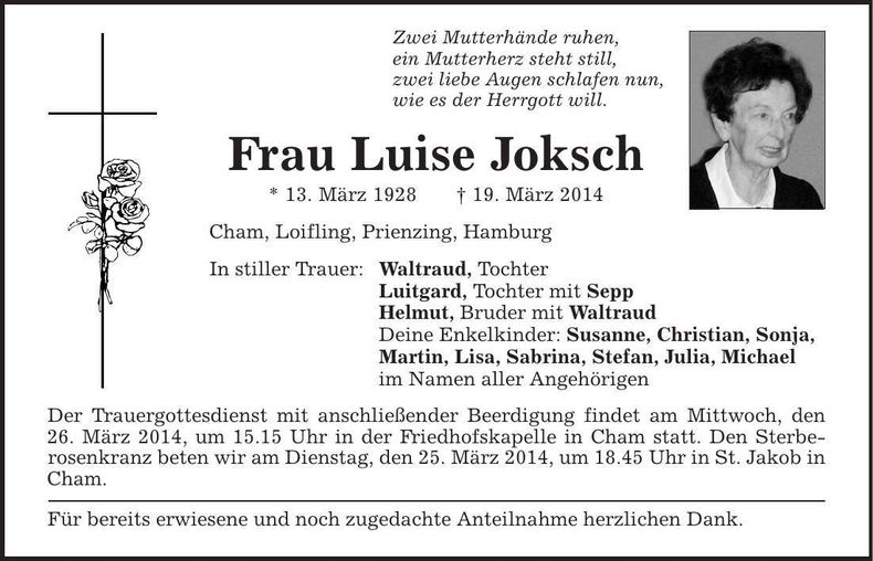 Traueranzeige Joksch Luise