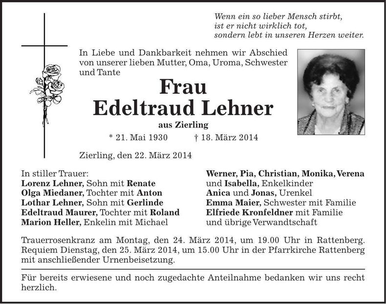 Traueranzeige Edeltraud Lehner
