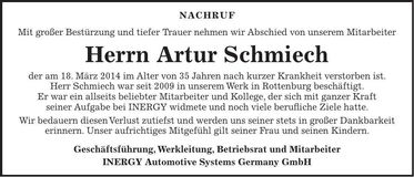 Traueranzeige Artur Schmiech