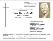 Traueranzeige Hans Graßl