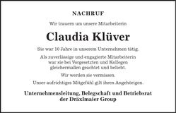 Traueranzeige Claudia Klüver