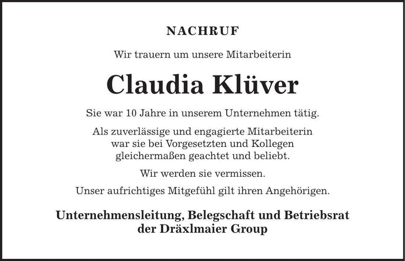Traueranzeige Claudia Klüver