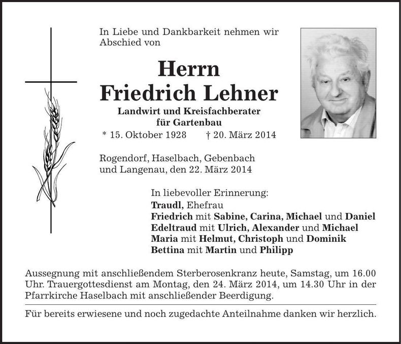 Traueranzeige Friedich Lehner