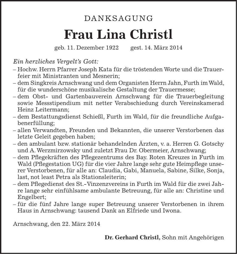 Traueranzeige Lina Christl
