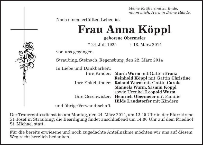 Traueranzeige Anna Köppl