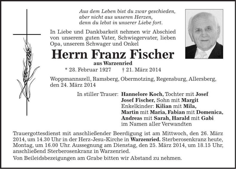 Traueranzeige Franz Fischer