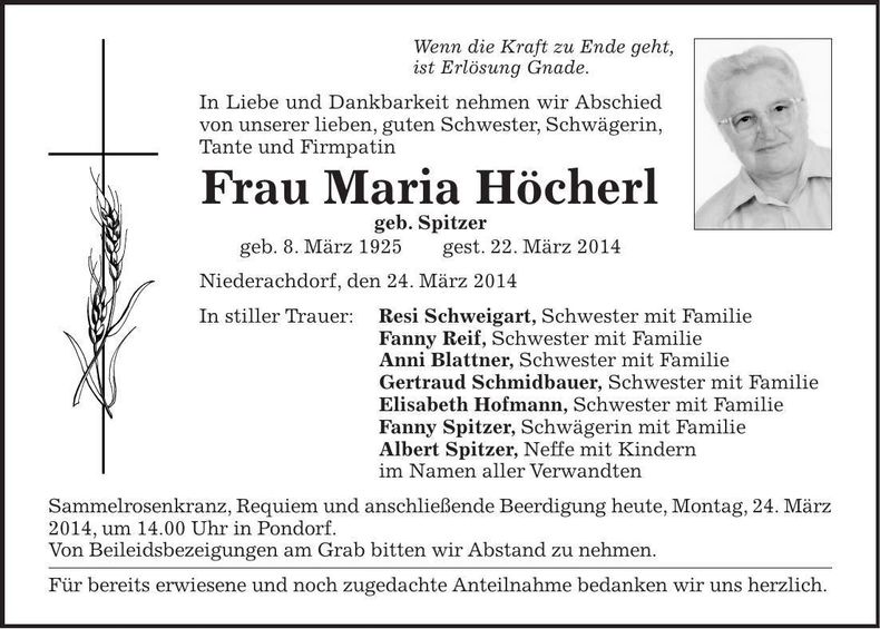 Traueranzeige Maria Höcherl