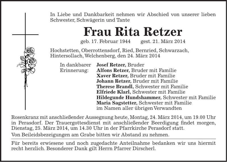 Traueranzeige Rita Retzer