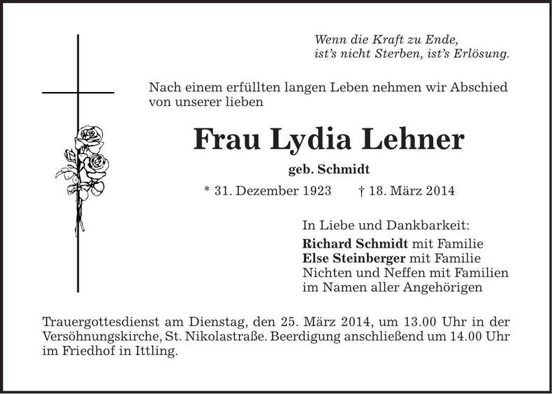 Traueranzeige Lydia Lehner