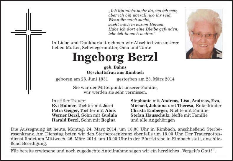 Traueranzeige Ingeborg Berzl
