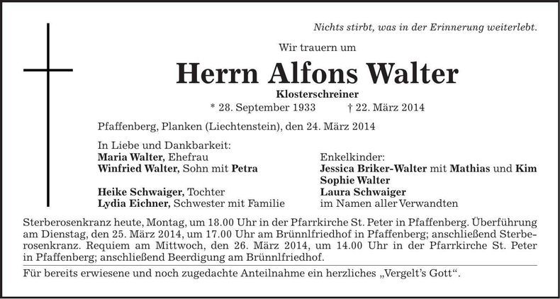 Traueranzeige Alfons JWalter