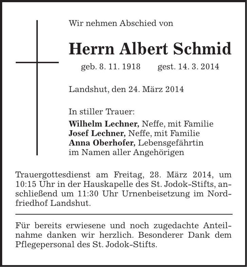 Traueranzeige Albert Schmid