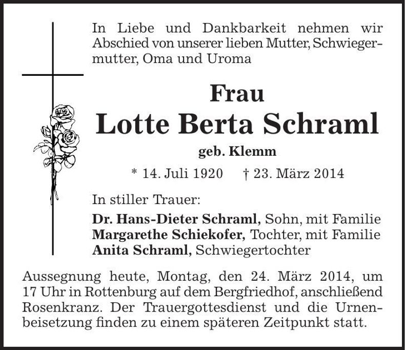 Traueranzeige Lotte Berta Schraml