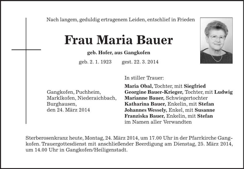 Traueranzeige Maria Bauer