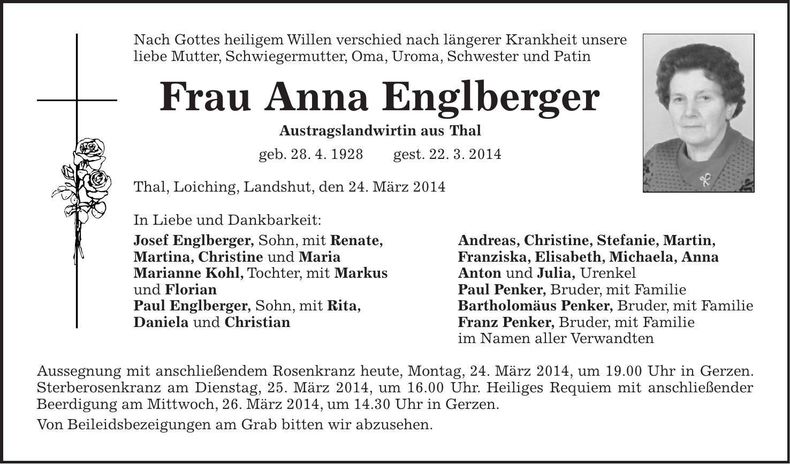 Traueranzeige Anna Englberger