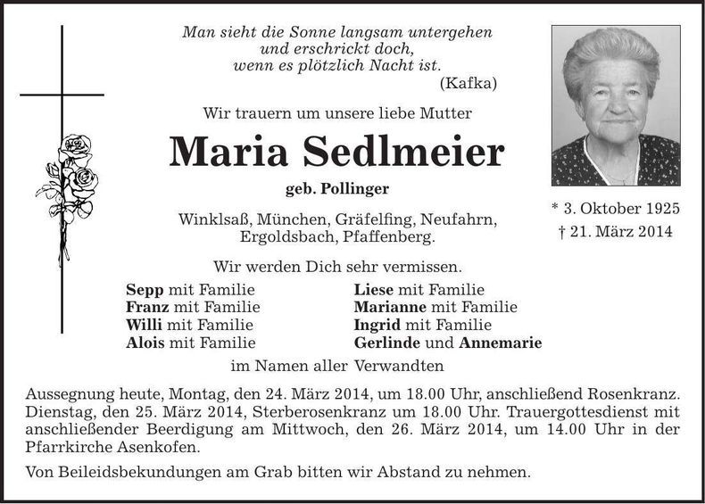Traueranzeige Maria Sedlmeier