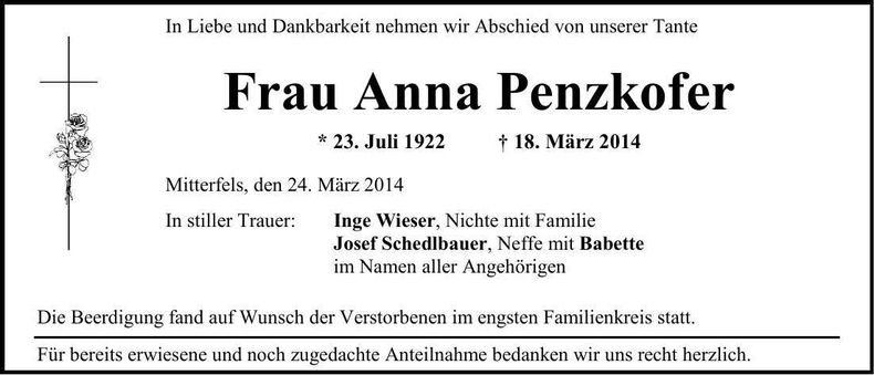 Traueranzeige Anna Penzkofer