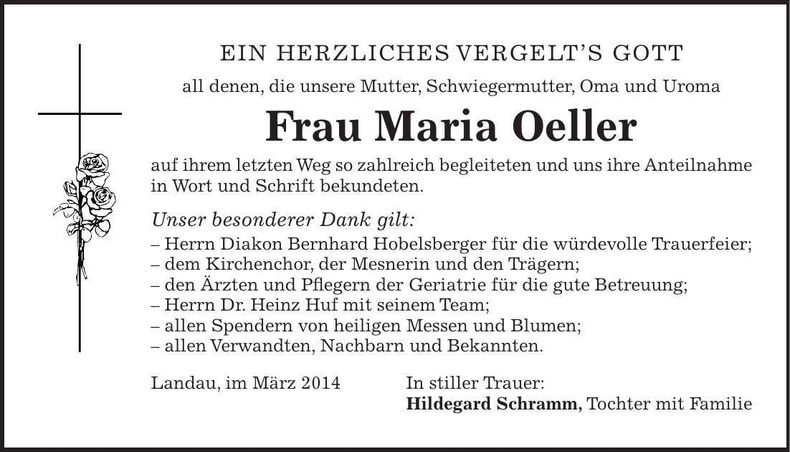 Traueranzeige Maria Oeller