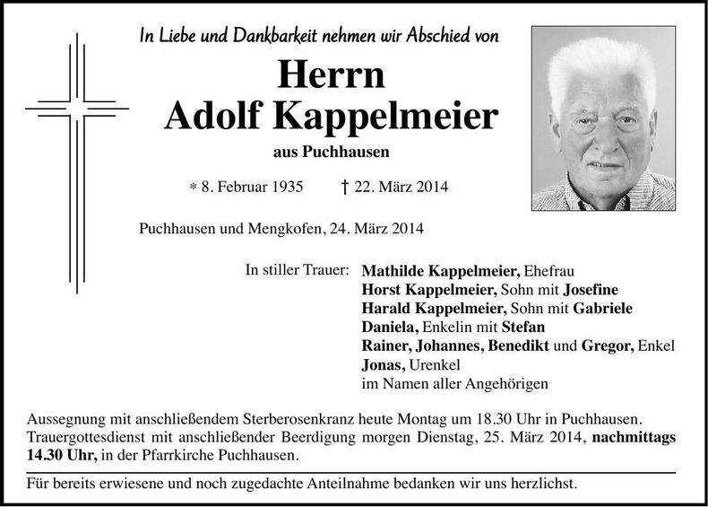 Traueranzeige Adolf Kappelmeier
