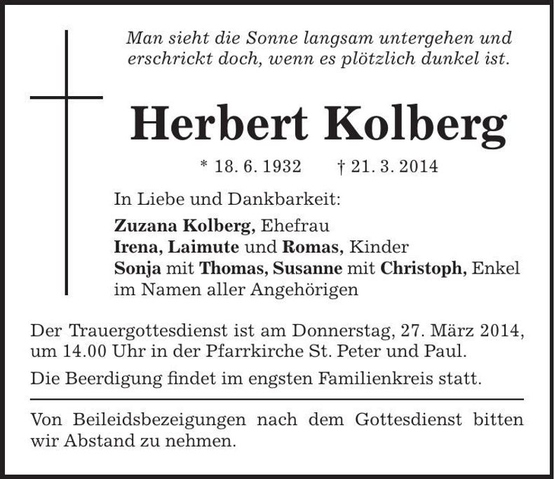 Traueranzeige Herbert Kolberg