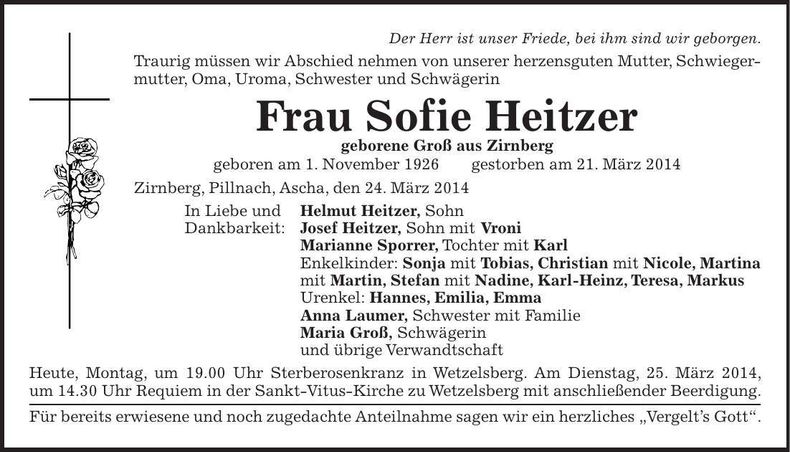 Traueranzeige Sofie Heitzer