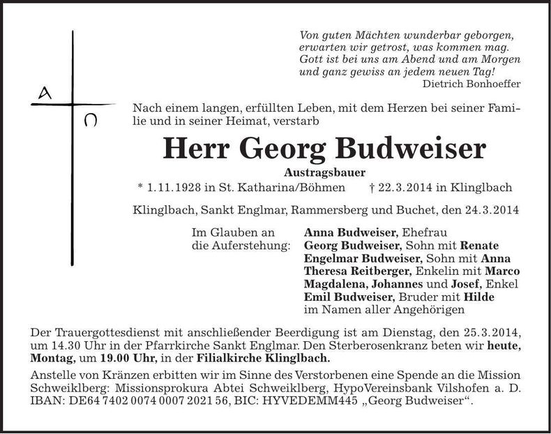 Traueranzeige Georg Budweiser
