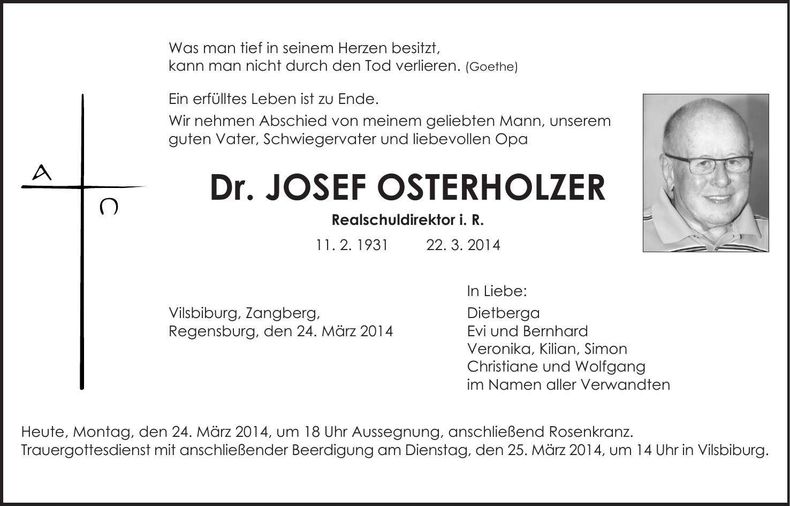 Traueranzeige Josef Osterholzer