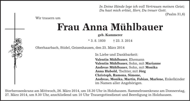 Traueranzeige Anna Mühlbauer