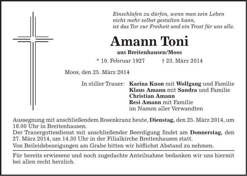 Traueranzeige Toni Amann