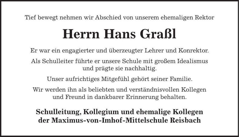 Traueranzeige Hans Graßl