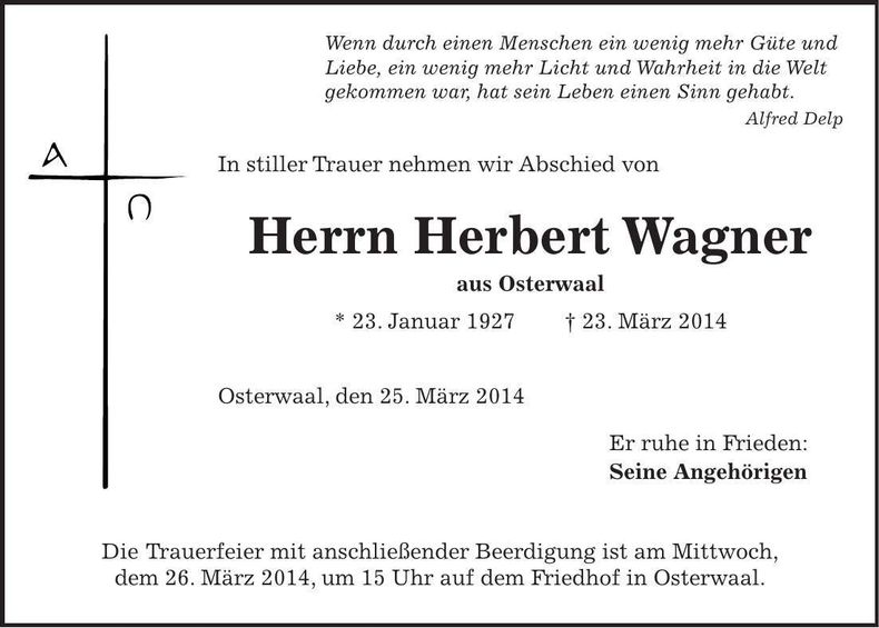 Traueranzeige Herbert Wagner