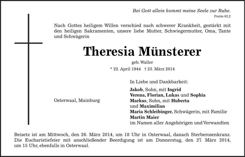 Traueranzeige Theresia Münsterer