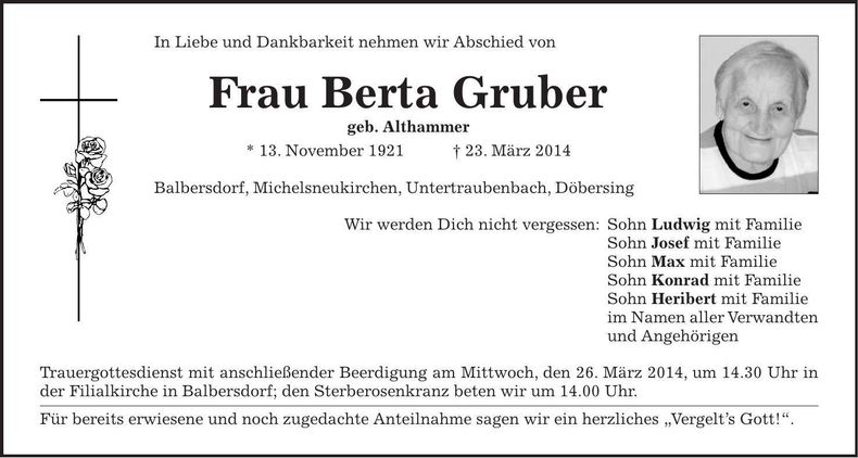 Traueranzeige Berta Gruber