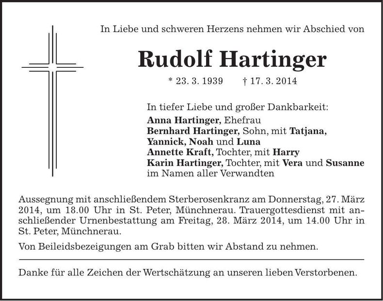 Traueranzeige Rudolf Hartinger