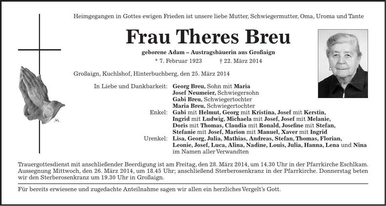 Traueranzeige Theres Breu