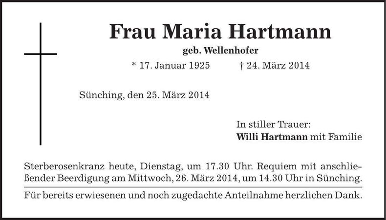 Traueranzeige Maria Hartmann