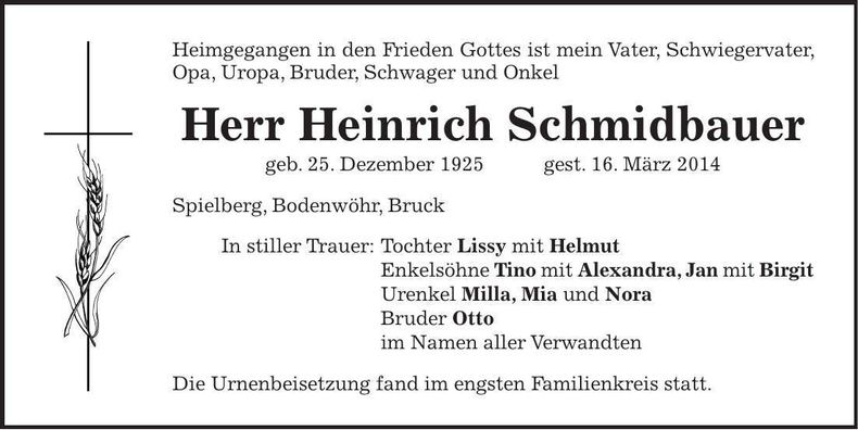 Traueranzeige Heinrich Schmidbauer