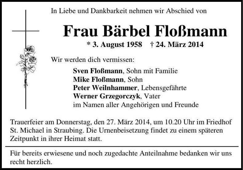 Traueranzeige Bärbel Floßmann