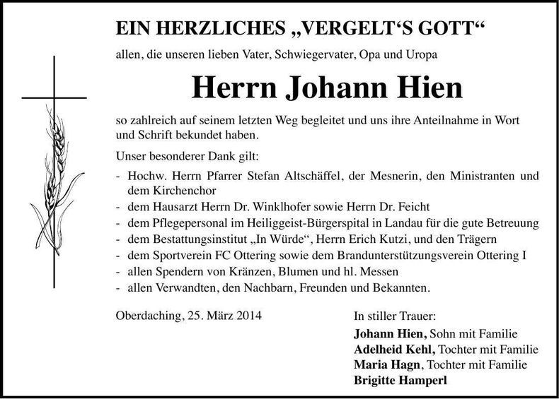 Traueranzeige Johann Hien