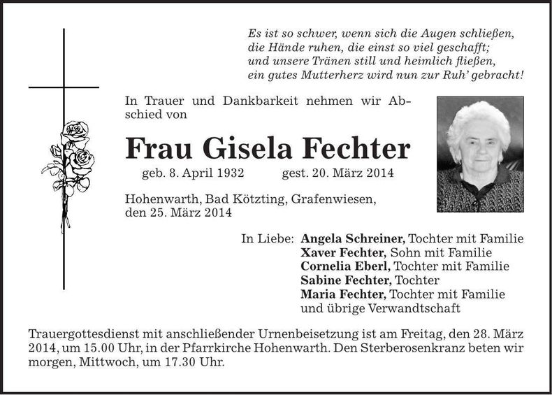 Traueranzeige Gisela Fechter