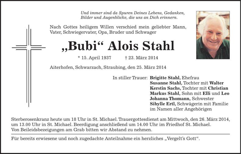 Traueranzeige Alois Stahl