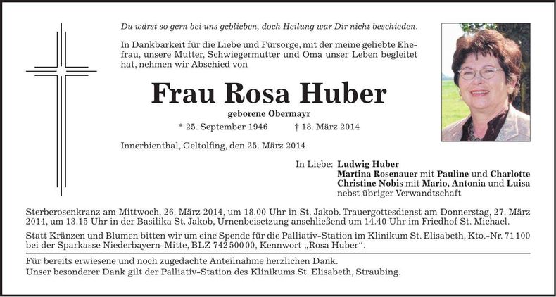 Traueranzeige Rosa Huber