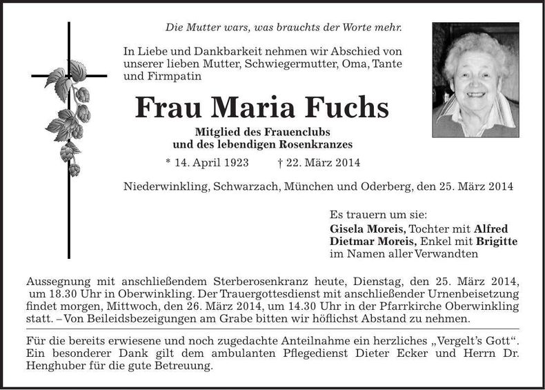 Traueranzeige Maria Fuchs