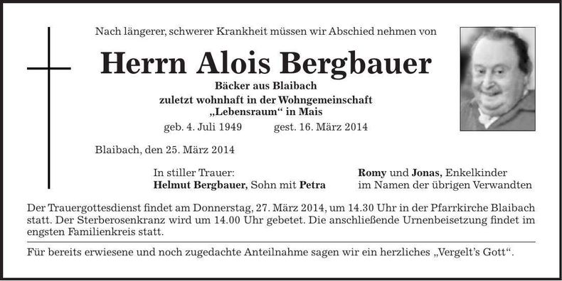 Traueranzeige Alois Bergbauer