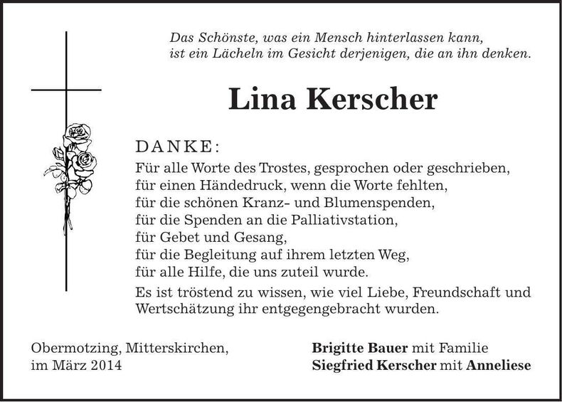 Traueranzeige Lina Kerscher