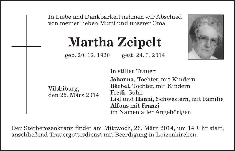 Traueranzeige Martha Zeipelt